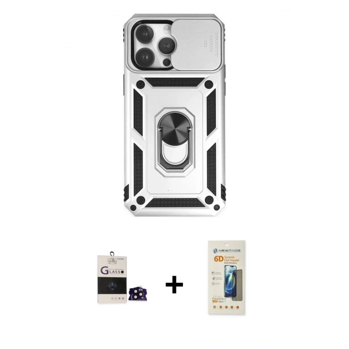 MARSİLYAN™- iPhone 14 Pro Max Kılıf Ahenk Klasik - Siyah 6D Mat Seramik Hayalet Nano Ekran Koruyucu + Bilvis Titan Kamera Lens - SH