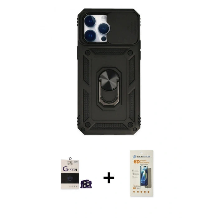 MARSİLYAN™- iPhone 14 Pro Max Kılıf Ahenk Klasik - Siyah 6D Mat Seramik Hayalet Nano Ekran Koruyucu + Bilvis Titan Kamera Lens - DNMR