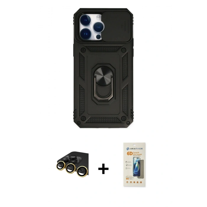 MARSİLYAN™- iPhone 14 Pro Max Kılıf Ahenk Klasik - Siyah 6D Mat Seramik Hayalet Nano Ekran Koruyucu + Raze Metal Kamera Lens - GD