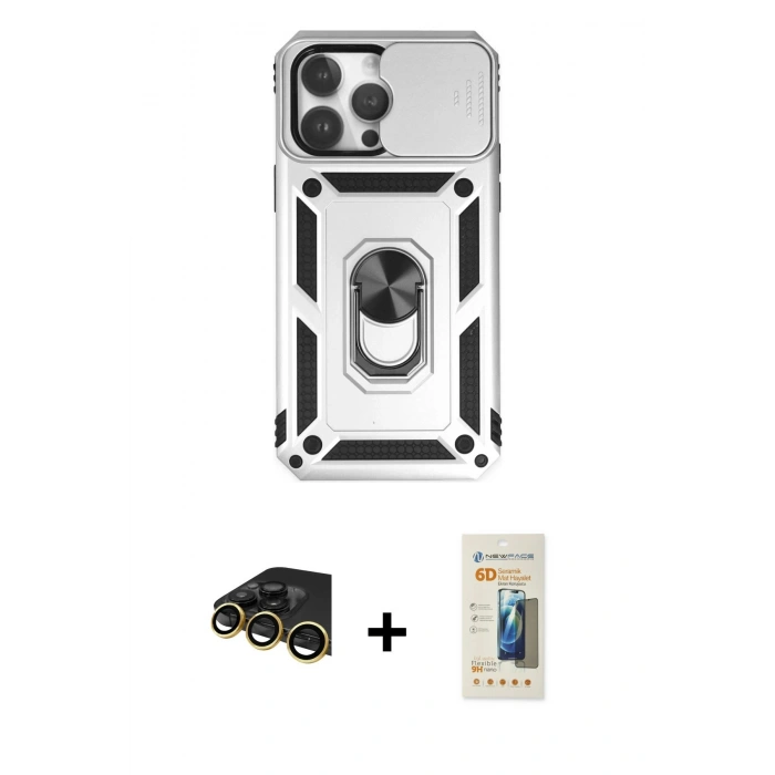 MARSİLYAN™- iPhone 14 Pro Max Kılıf Ahenk Klasik - Siyah 6D Mat Seramik Hayalet Nano Ekran Koruyucu + Raze Metal Kamera Lens - GD