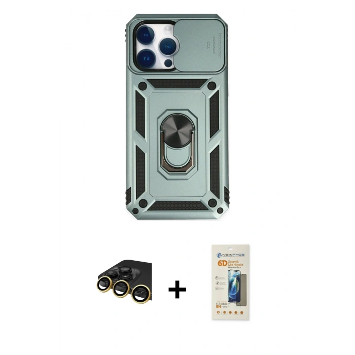 MARSİLYAN™- iPhone 14 Pro Max Kılıf Ahenk Klasik - Siyah 6D Mat Seramik Hayalet Nano Ekran Koruyucu + Raze Metal Kamera Lens - GD