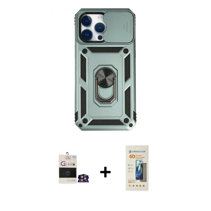 MARSİLYAN™- iPhone 14 Pro Max Kılıf Ahenk Klasik - Siyah 6D Mat Seramik Hayalet Nano Ekran Koruyucu + Bilvis Titan Kamera Lens - GS