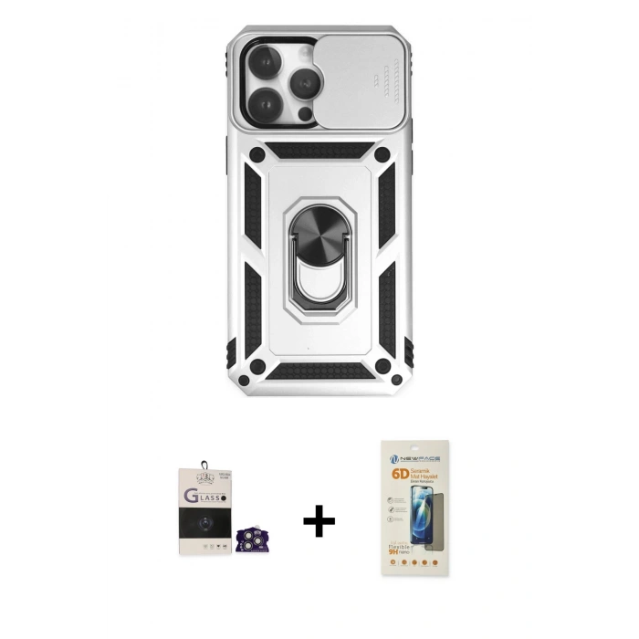MARSİLYAN™- iPhone 14 Pro Max Kılıf Ahenk Klasik - Siyah 6D Mat Seramik Hayalet Nano Ekran Koruyucu + Bilvis Titan Kamera Lens - GS