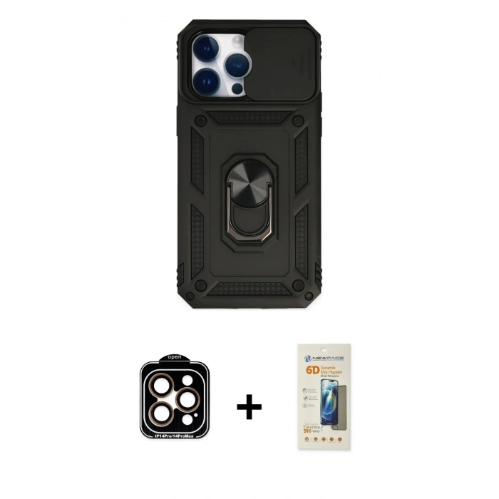 MARSİLYAN™- iPhone 14 Pro Max Kılıf Ahenk Klasik - Siyah 6D Mat Seramik Hayalet Nano Ekran Koruyucu + PVD Metal Kamera Lens - TU