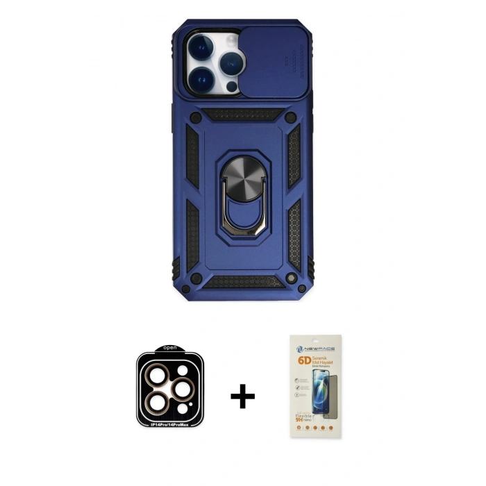 MARSİLYAN™- iPhone 14 Pro Max Kılıf Ahenk Klasik - Siyah 6D Mat Seramik Hayalet Nano Ekran Koruyucu + PVD Metal Kamera Lens - TU