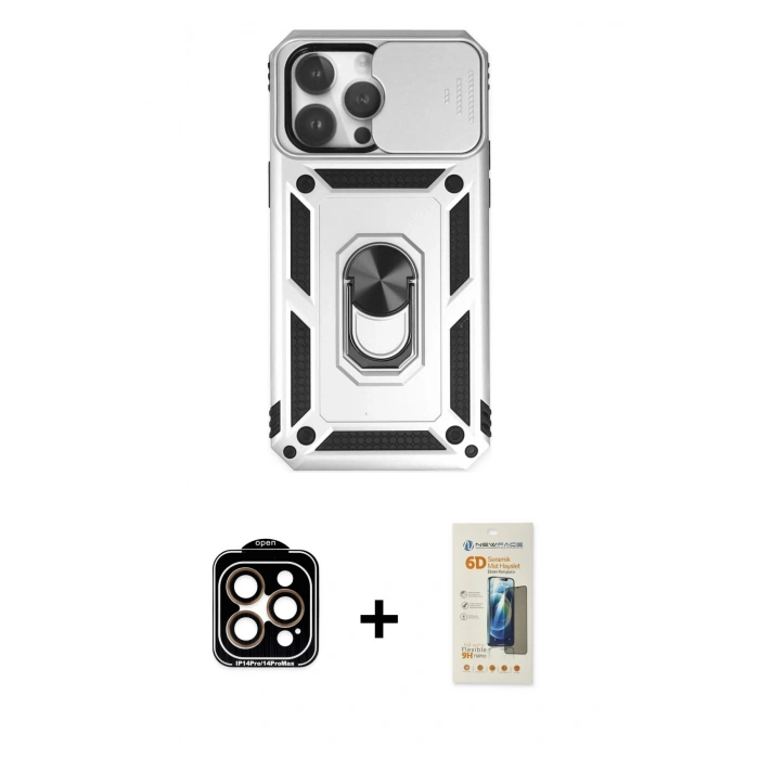 MARSİLYAN™- iPhone 14 Pro Max Kılıf Ahenk Klasik - Siyah 6D Mat Seramik Hayalet Nano Ekran Koruyucu + PVD Metal Kamera Lens - TU