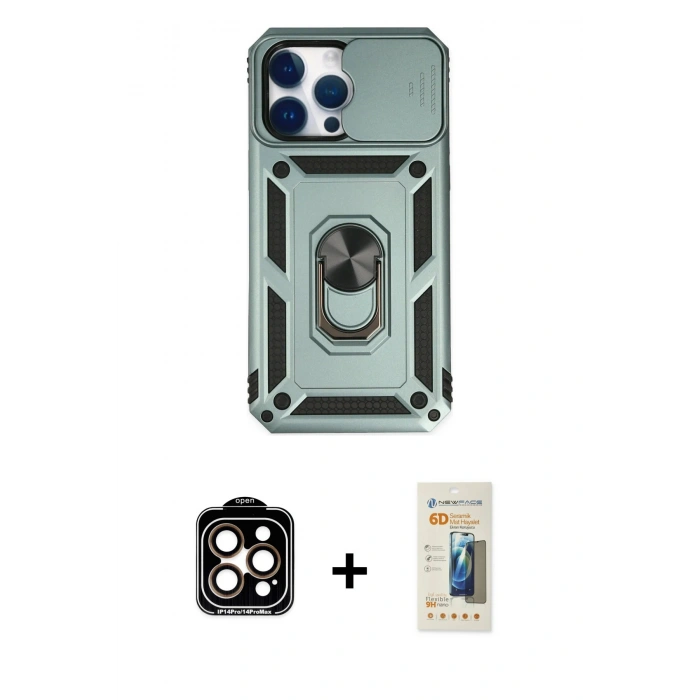 MARSİLYAN™- iPhone 14 Pro Max Kılıf Ahenk Klasik - Siyah 6D Mat Seramik Hayalet Nano Ekran Koruyucu + PVD Metal Kamera Lens - TU