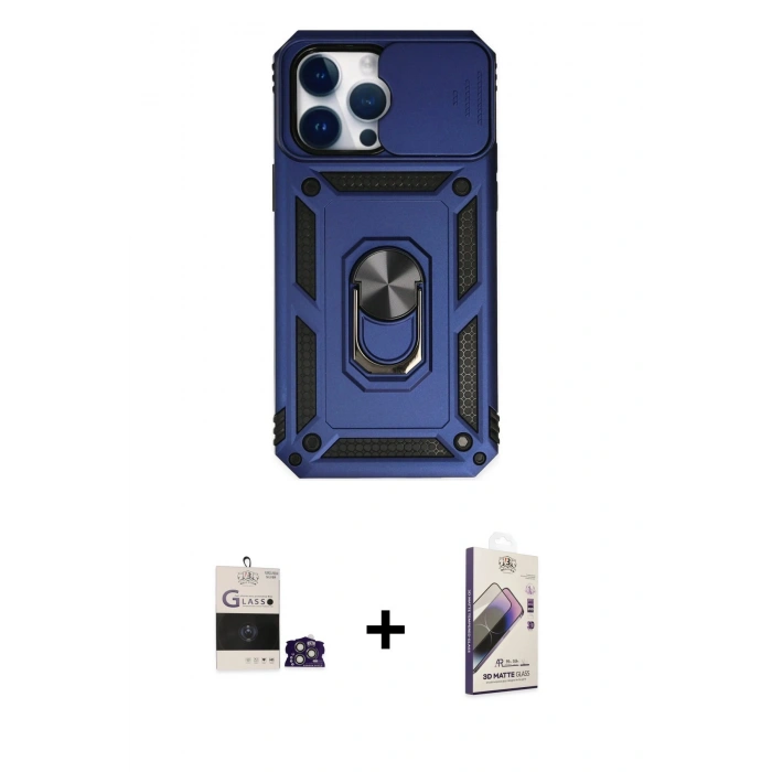 MARSİLYAN™- iPhone 14 Pro Max Kılıf Ahenk Klasik - Siyah Bilvis 3D Mat Cam Ekran Koruyucu + Bilvis Titan Kamera Lens - GS