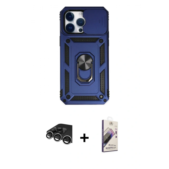 MARSİLYAN™- iPhone 14 Pro Max Kılıf Ahenk Klasik - Siyah Bilvis 3D Mat Cam Ekran Koruyucu + Raze Metal Kamera Lens - GS