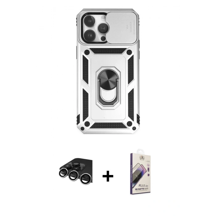 MARSİLYAN™- iPhone 14 Pro Max Kılıf Ahenk Klasik - Siyah Bilvis 3D Mat Cam Ekran Koruyucu + Raze Metal Kamera Lens - GS