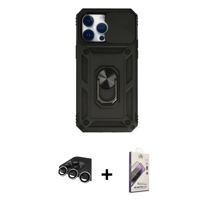MARSİLYAN™- iPhone 14 Pro Max Kılıf Ahenk Klasik - Siyah Bilvis 3D Mat Cam Ekran Koruyucu + Raze Metal Kamera Lens - GS