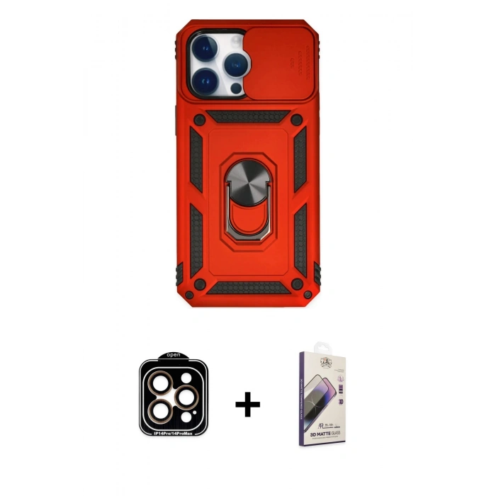 MARSİLYAN™- iPhone 14 Pro Max Kılıf Ahenk Klasik - Siyah Bilvis 3D Mat Cam Ekran Koruyucu + PVD Metal Kamera Lens - TU