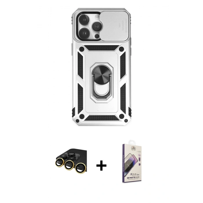 MARSİLYAN™- iPhone 14 Pro Max Kılıf Ahenk Klasik - Siyah Bilvis 3D Mat Cam Ekran Koruyucu + Raze Metal Kamera Lens - GD