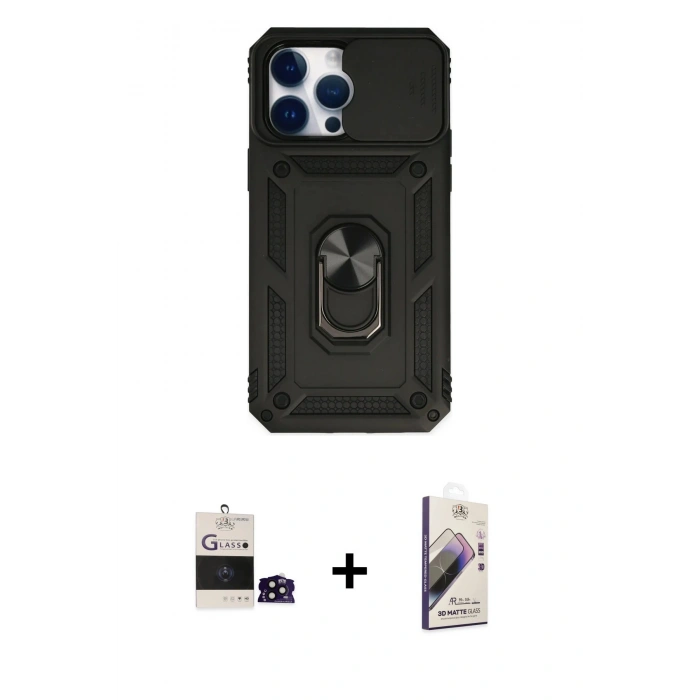 MARSİLYAN™- iPhone 14 Pro Max Kılıf Ahenk Klasik - Siyah Bilvis 3D Mat Cam Ekran Koruyucu + Bilvis Titan Kamera Lens - SH