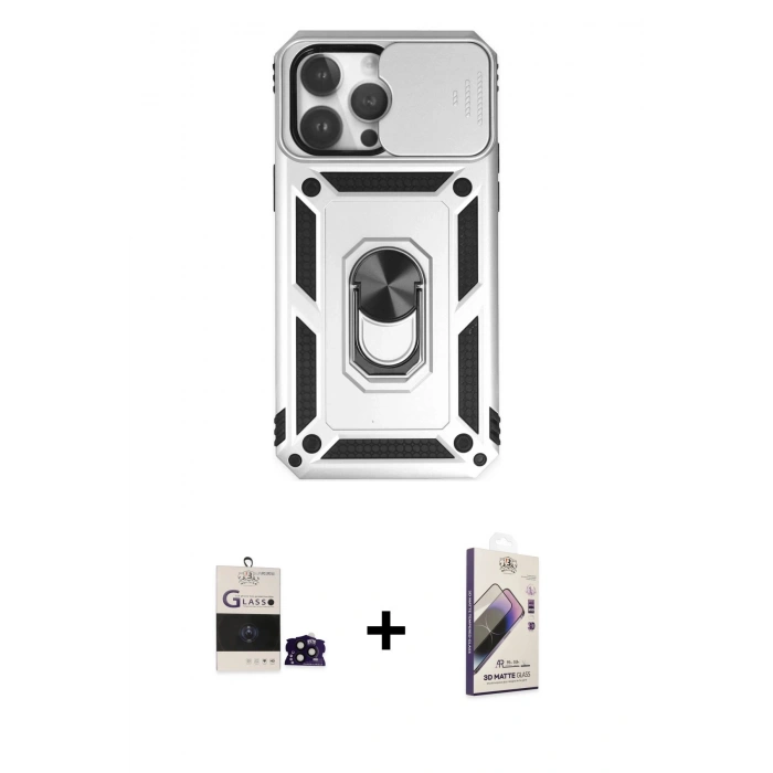 MARSİLYAN™- iPhone 14 Pro Max Kılıf Ahenk Klasik - Siyah Bilvis 3D Mat Cam Ekran Koruyucu + Bilvis Titan Kamera Lens - SH