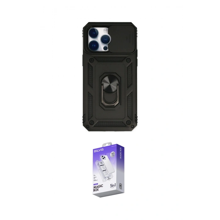 MARSİLYAN™- iPhone 14 Pro Max Kılıf Ahenk Klasik - Siyah Bilvis 5in1 3D Magic Cam Ekran Koruyucu