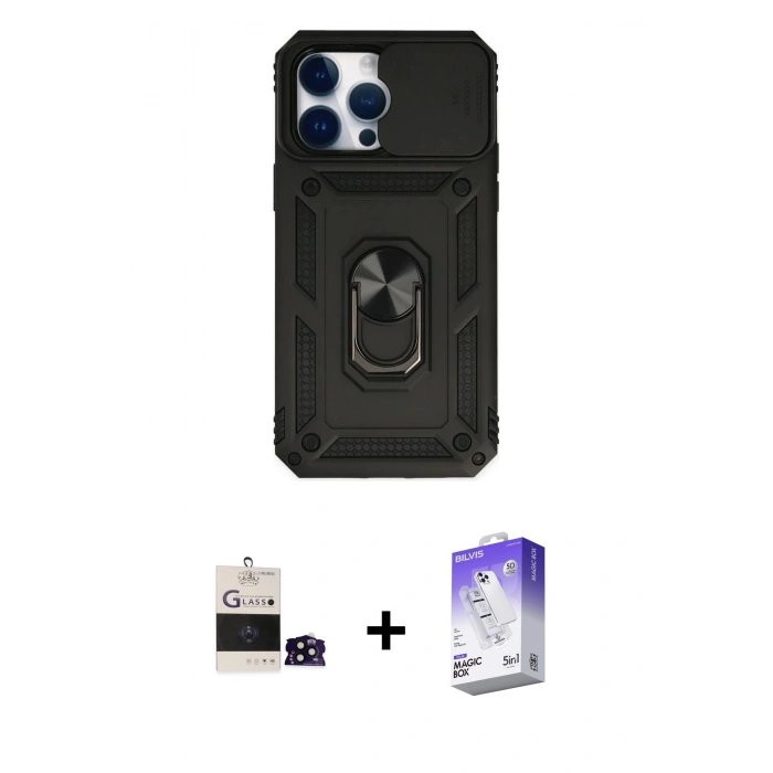 MARSİLYAN™- iPhone 14 Pro Max Kılıf Ahenk Klasik - Siyah Bilvis 5in1 3D Magic Cam Ekran Koruyucu + Bilvis Titan Kamera Lens - SH