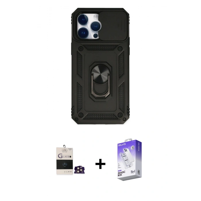 MARSİLYAN™- iPhone 14 Pro Max Kılıf Ahenk Klasik - Siyah Bilvis 5in1 3D Magic Cam Ekran Koruyucu + Bilvis Titan Kamera Lens - GD