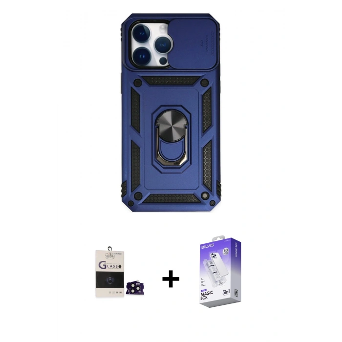 MARSİLYAN™- iPhone 14 Pro Max Kılıf Ahenk Klasik - Siyah Bilvis 5in1 3D Magic Cam Ekran Koruyucu + Bilvis Titan Kamera Lens - SH
