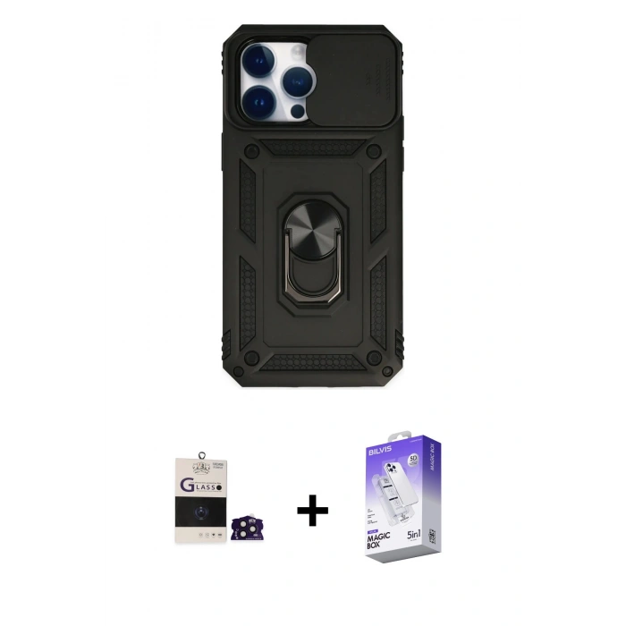 MARSİLYAN™- iPhone 14 Pro Max Kılıf Ahenk Klasik - Siyah Bilvis 5in1 3D Magic Cam Ekran Koruyucu + Bilvis Titan Kamera Lens - DNMR