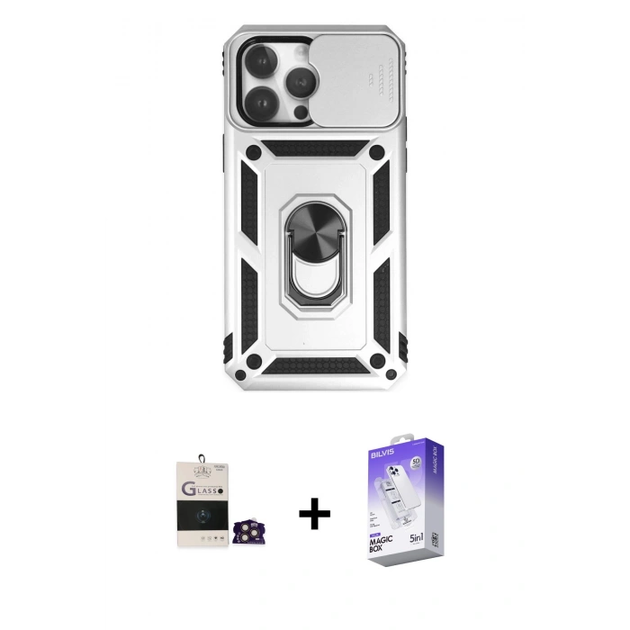 MARSİLYAN™- iPhone 14 Pro Max Kılıf Ahenk Klasik - Siyah Bilvis 5in1 3D Magic Cam Ekran Koruyucu + Gold Bilvis Titan Kamera Lens
