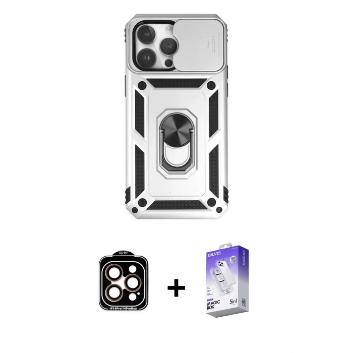 MARSİLYAN™- iPhone 14 Pro Max Kılıf Ahenk Klasik - Siyah Bilvis 5in1 3D Magic Cam Ekran Koruyucu + PVD Metal Kamera Lens - TU
