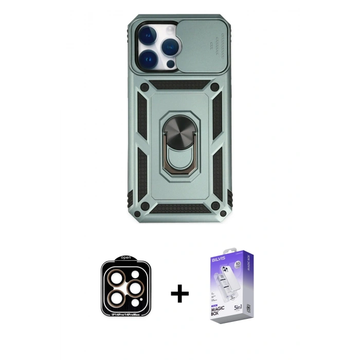 MARSİLYAN™- iPhone 14 Pro Max Kılıf Ahenk Klasik - Siyah Bilvis 5in1 3D Magic Cam Ekran Koruyucu + PVD Metal Kamera Lens - TU