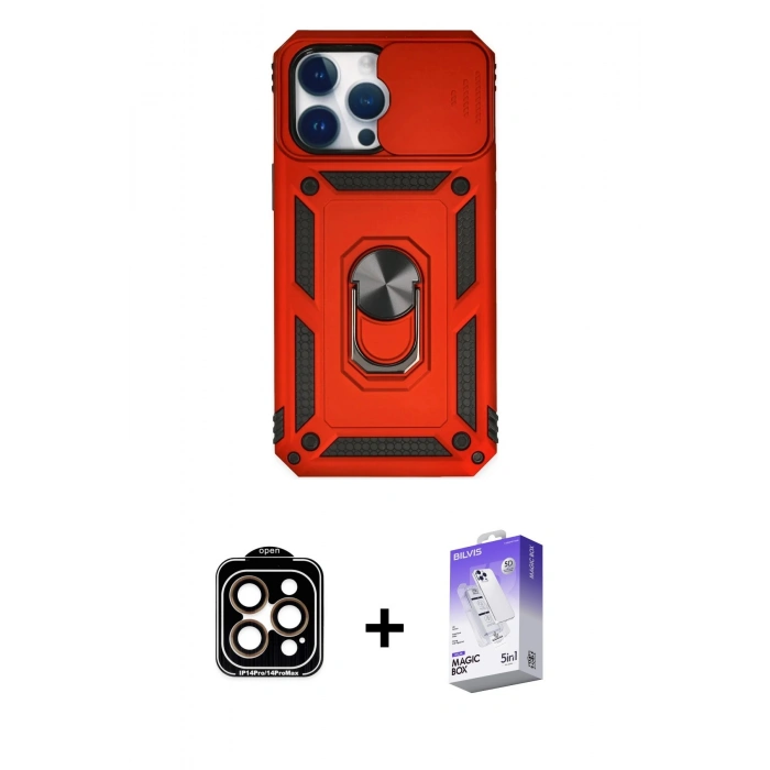 MARSİLYAN™- iPhone 14 Pro Max Kılıf Ahenk Klasik - Siyah Bilvis 5in1 3D Magic Cam Ekran Koruyucu + PVD Metal Kamera Lens - TU