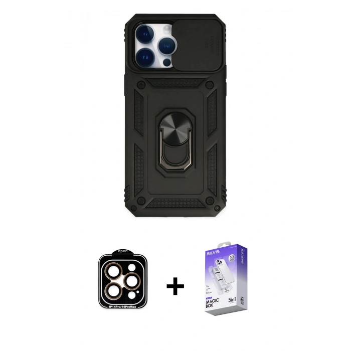 MARSİLYAN™- iPhone 14 Pro Max Kılıf Ahenk Klasik - Siyah Bilvis 5in1 3D Magic Cam Ekran Koruyucu + PVD Metal Kamera Lens - TU