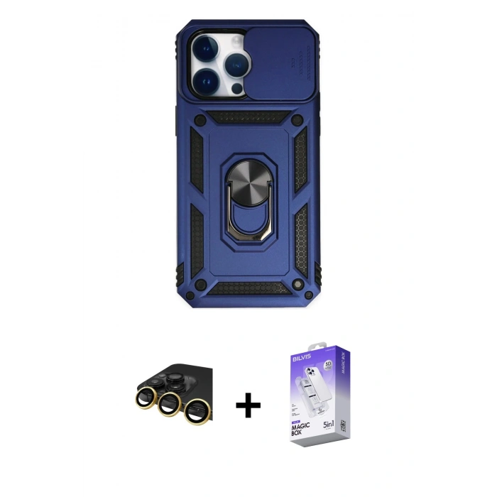 MARSİLYAN™- iPhone 14 Pro Max Kılıf Ahenk Klasik - Siyah Bilvis 5in1 3D Magic Cam Ekran Koruyucu + Raze Metal Kamera Lens - GD