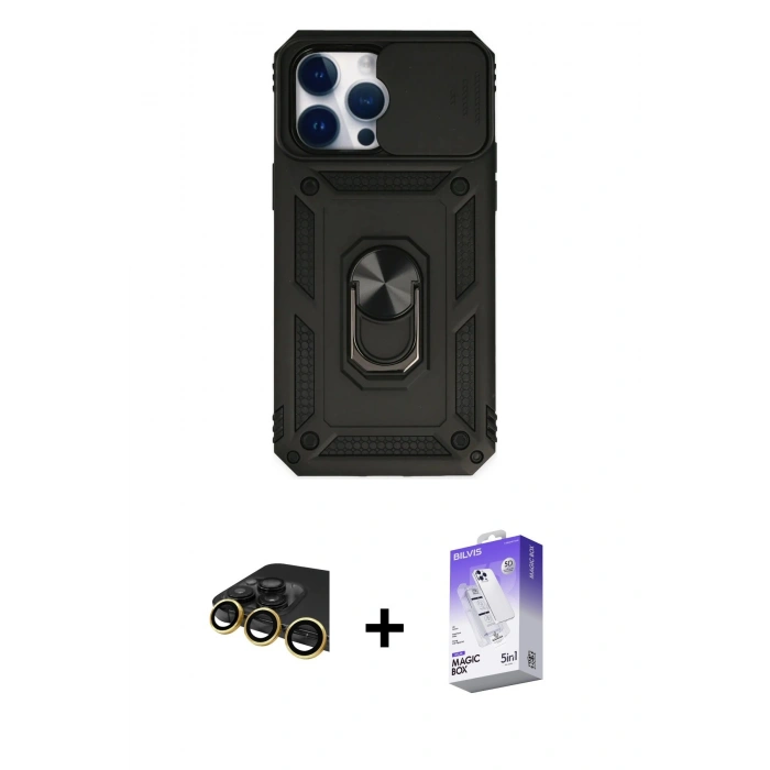MARSİLYAN™- iPhone 14 Pro Max Kılıf Ahenk Klasik - Siyah Bilvis 5in1 3D Magic Cam Ekran Koruyucu + Raze Metal Kamera Lens - GD