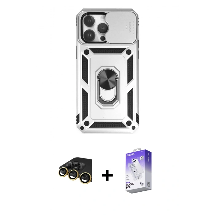 MARSİLYAN™- iPhone 14 Pro Max Kılıf Ahenk Klasik - Siyah Bilvis 5in1 3D Magic Cam Ekran Koruyucu + Raze Metal Kamera Lens - GD