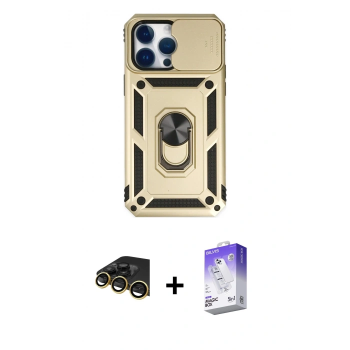 MARSİLYAN™- iPhone 14 Pro Max Kılıf Ahenk Klasik - Siyah Bilvis 5in1 3D Magic Cam Ekran Koruyucu + Raze Metal Kamera Lens - GD