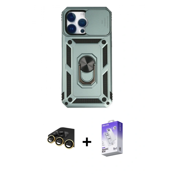MARSİLYAN™- iPhone 14 Pro Max Kılıf Ahenk Klasik - Siyah Bilvis 5in1 3D Magic Cam Ekran Koruyucu + Raze Metal Kamera Lens - GD