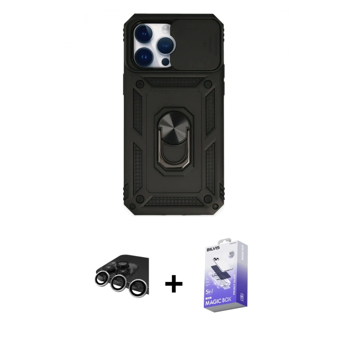 MARSİLYAN™- iPhone 14 Pro Max Kılıf Ahenk Klasik - Siyah Bilvis 5in1 5D Magic Hayalet Cam Ekran Koruyucu + Raze Metal Kamera Lens - GS