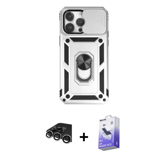 MARSİLYAN™- iPhone 14 Pro Max Kılıf Ahenk Klasik - Siyah Bilvis 5in1 5D Magic Hayalet Cam Ekran Koruyucu + Raze Metal Kamera Lens - GS