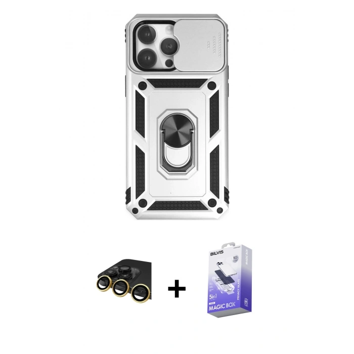 MARSİLYAN™- iPhone 14 Pro Max Kılıf Ahenk Klasik - Siyah Bilvis 5in1 5D Magic Hayalet Cam Ekran Koruyucu + Raze Metal Kamera Lens - GD