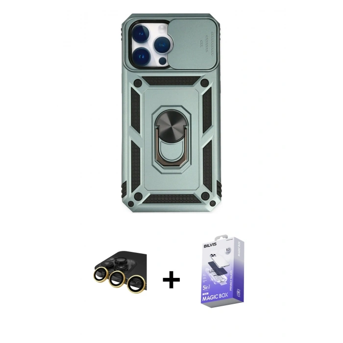 MARSİLYAN™- iPhone 14 Pro Max Kılıf Ahenk Klasik - Siyah Bilvis 5in1 5D Magic Hayalet Cam Ekran Koruyucu + Raze Metal Kamera Lens - GD