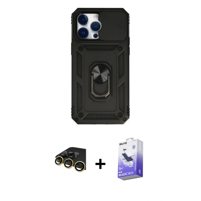 MARSİLYAN™- iPhone 14 Pro Max Kılıf Ahenk Klasik - Siyah Bilvis 5in1 5D Magic Hayalet Cam Ekran Koruyucu + Raze Metal Kamera Lens - GD