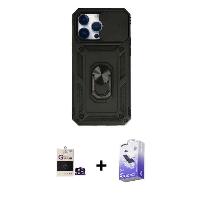 MARSİLYAN™- iPhone 14 Pro Max Kılıf Ahenk Klasik - Siyah Bilvis 5in1 5D Magic Hayalet Cam Ekran Koruyucu + Bilvis Titan Kamera Lens - DNMR