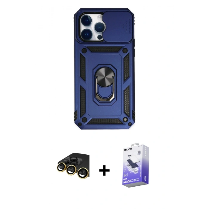 MARSİLYAN™- iPhone 14 Pro Max Kılıf Ahenk Klasik - Siyah Bilvis 5in1 5D Magic Hayalet Cam Ekran Koruyucu + Raze Metal Kamera Lens - GD