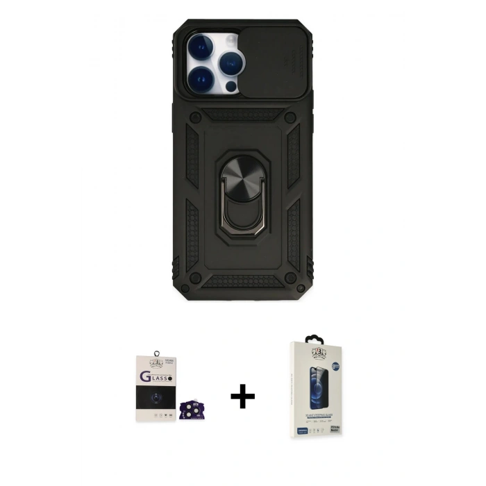 MARSİLYAN™- iPhone 14 Pro Max Kılıf Ahenk Klasik - Siyah Bilvis Hayalet Cam Ekran Koruyucu + Bilvis Titan Kamera Lens - DNMR
