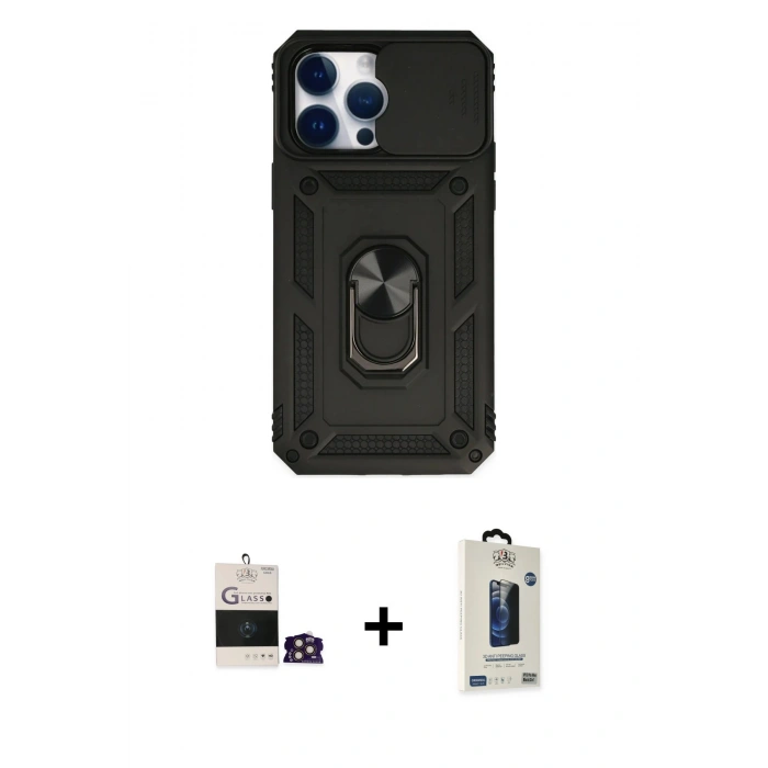 MARSİLYAN™- iPhone 14 Pro Max Kılıf Ahenk Klasik - Siyah Bilvis Hayalet Cam Ekran Koruyucu + Bilvis Titan Kamera Lens - GD
