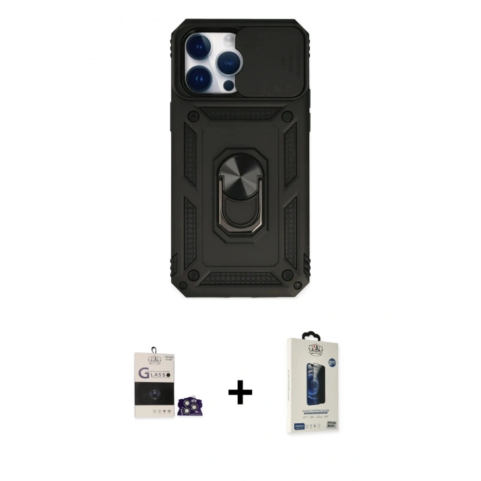 MARSİLYAN™- iPhone 14 Pro Max Kılıf Ahenk Klasik - Siyah Bilvis Hayalet Cam Ekran Koruyucu + Bilvis Titan Kamera Lens - GS