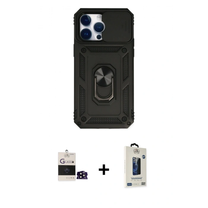 MARSİLYAN™- iPhone 14 Pro Max Kılıf Ahenk Klasik - Siyah Bilvis Hayalet Cam Ekran Koruyucu + Bilvis Titan Kamera Lens - SH