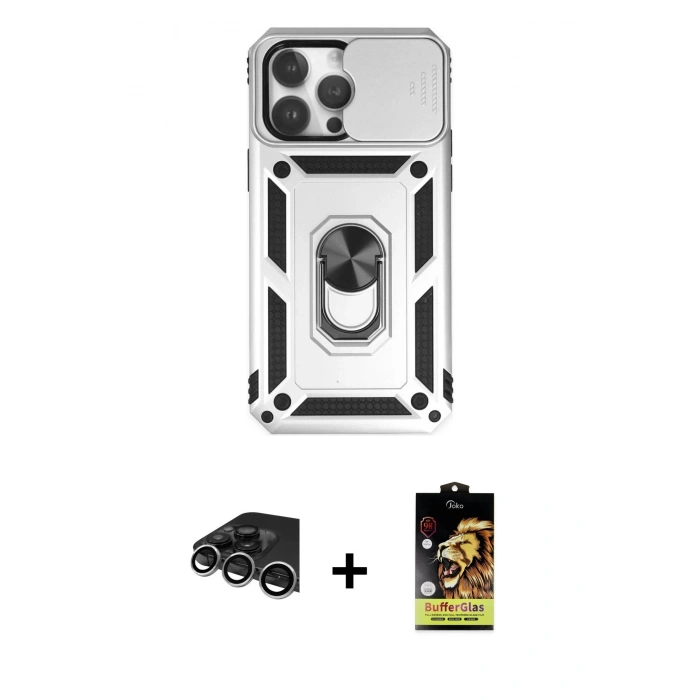 MARSİLYAN™- iPhone 14 Pro Max Kılıf Ahenk Klasik - Siyah Buffer Cam Ekran Koruyucu + Raze Metal Kamera Lens - GS