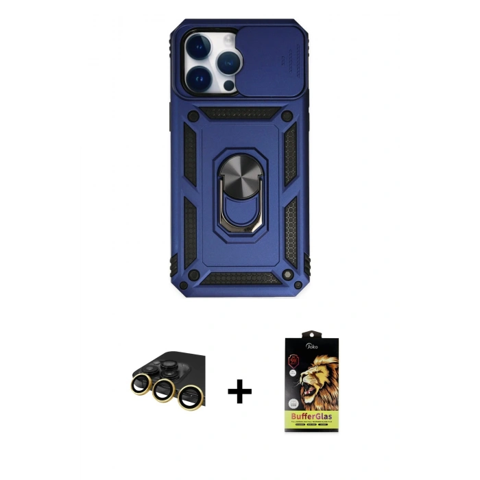 MARSİLYAN™- iPhone 14 Pro Max Kılıf Ahenk Klasik - Siyah Buffer Cam Ekran Koruyucu + Raze Metal Kamera Lens - GD