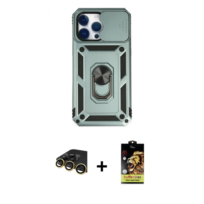 MARSİLYAN™- iPhone 14 Pro Max Kılıf Ahenk Klasik - Siyah Buffer Cam Ekran Koruyucu + Raze Metal Kamera Lens - GD