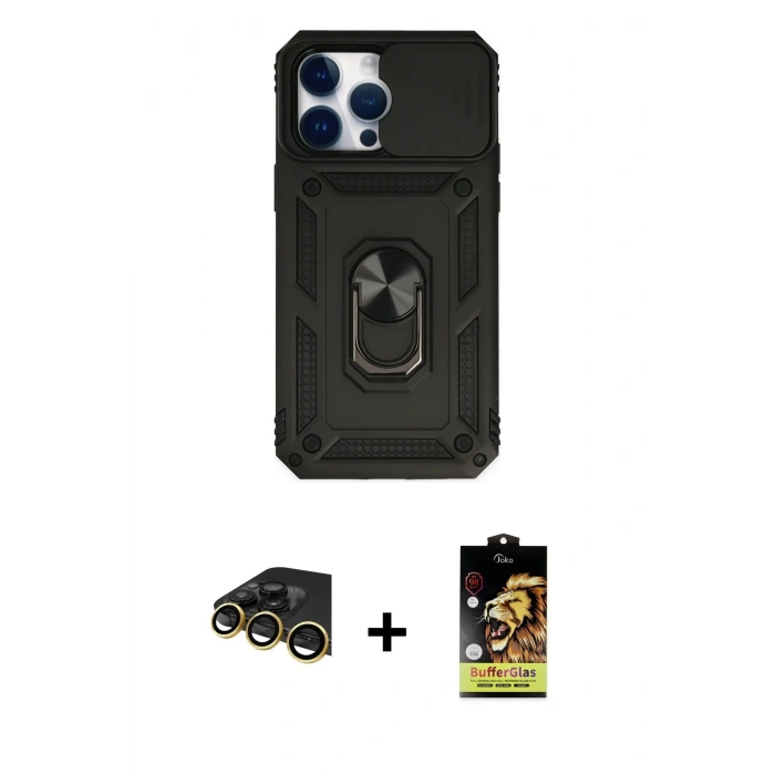 MARSİLYAN™- iPhone 14 Pro Max Kılıf Ahenk Klasik - Siyah Buffer Cam Ekran Koruyucu + Raze Metal Kamera Lens - GD