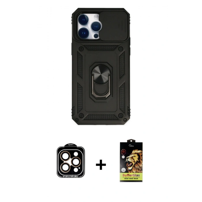 MARSİLYAN™- iPhone 14 Pro Max Kılıf Ahenk Klasik - Siyah Buffer Cam Ekran Koruyucu + PVD Metal Kamera Lens - TU